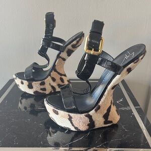 Giuseppe Zanotti RARE Jem fetish Leopard Platform Heelless wedges ponyhair 39